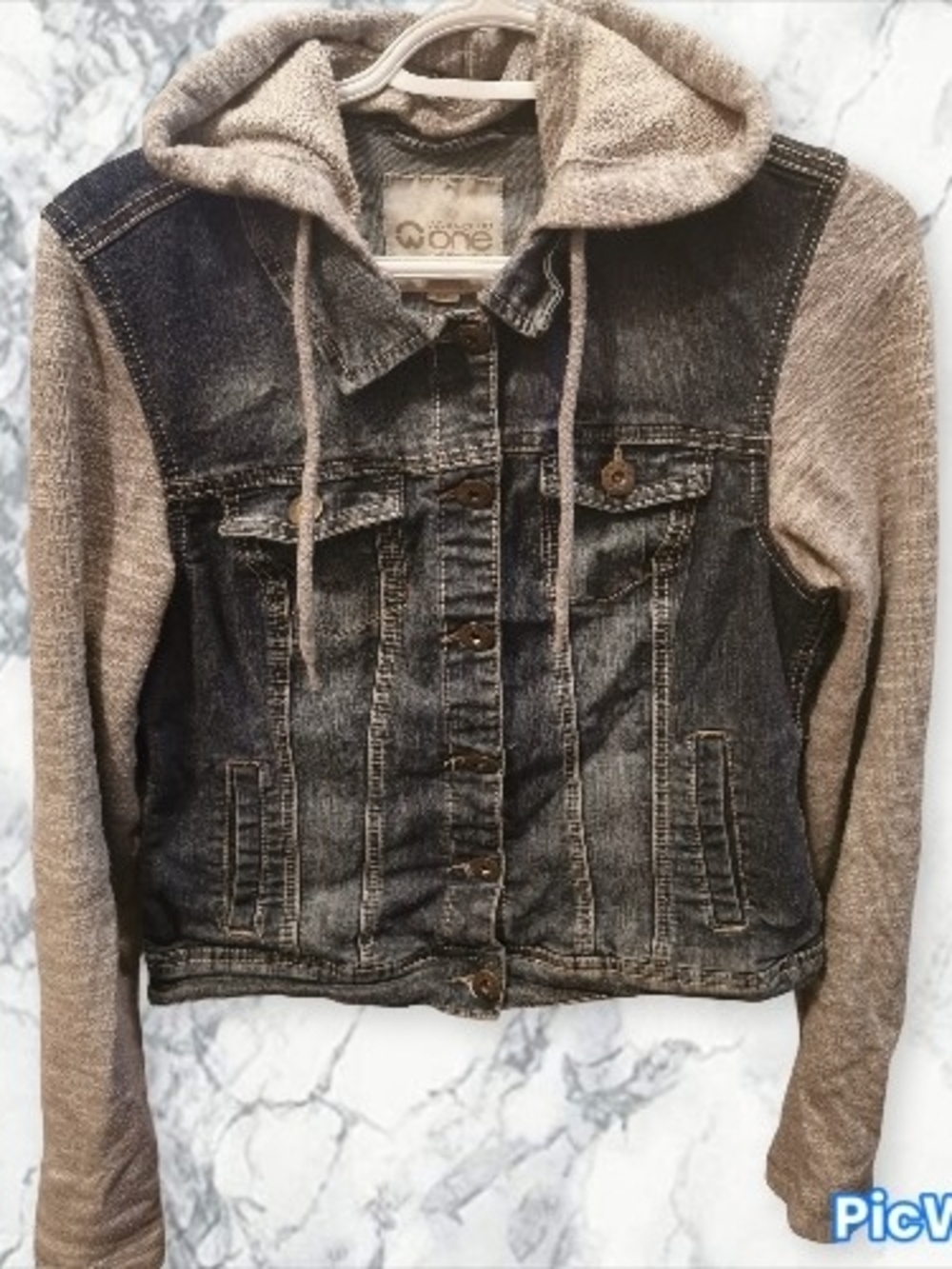 Women's Dark Wash Denim Jacket with Grey Knit Hood & Sleeves